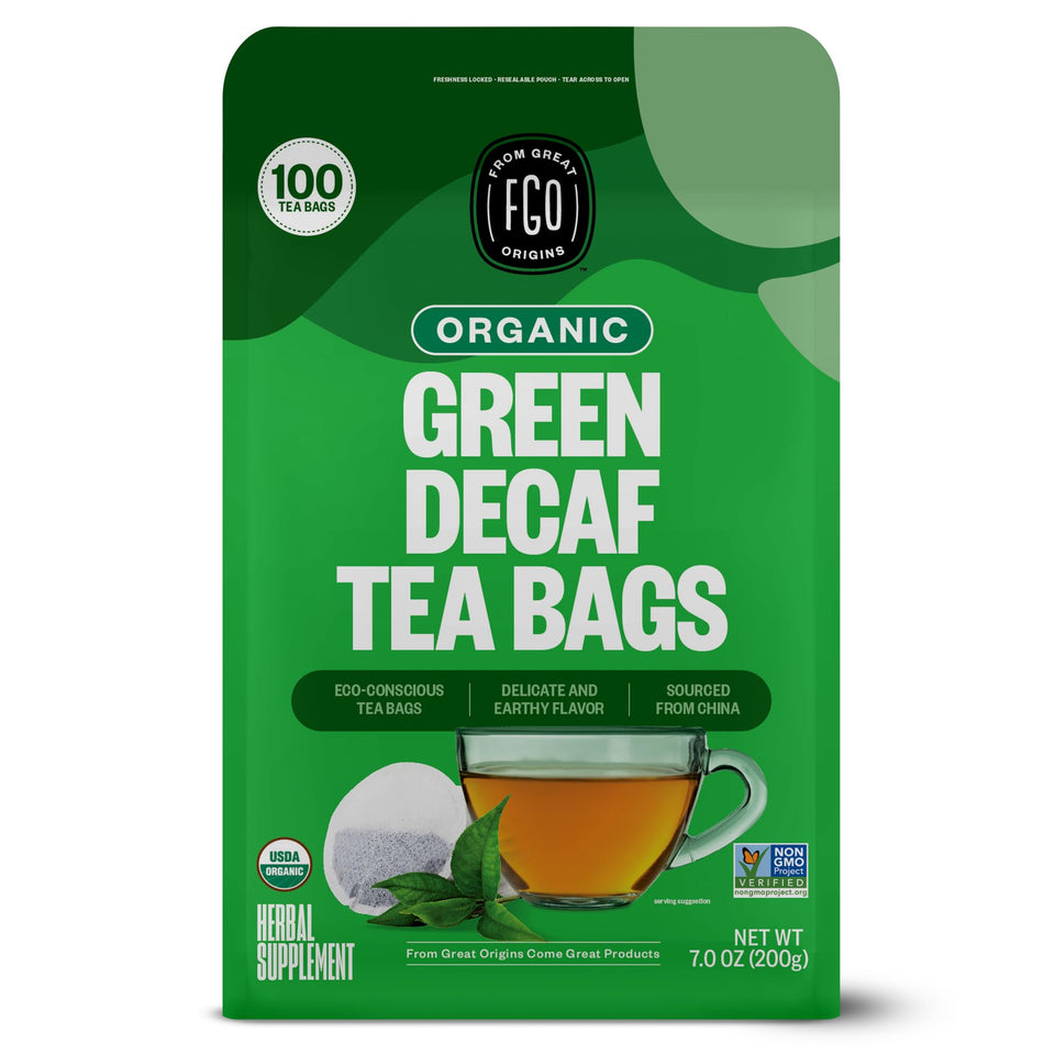 FGO Organic Green Decaf Tea bag in a resealable pouch for caffeine-free sipping