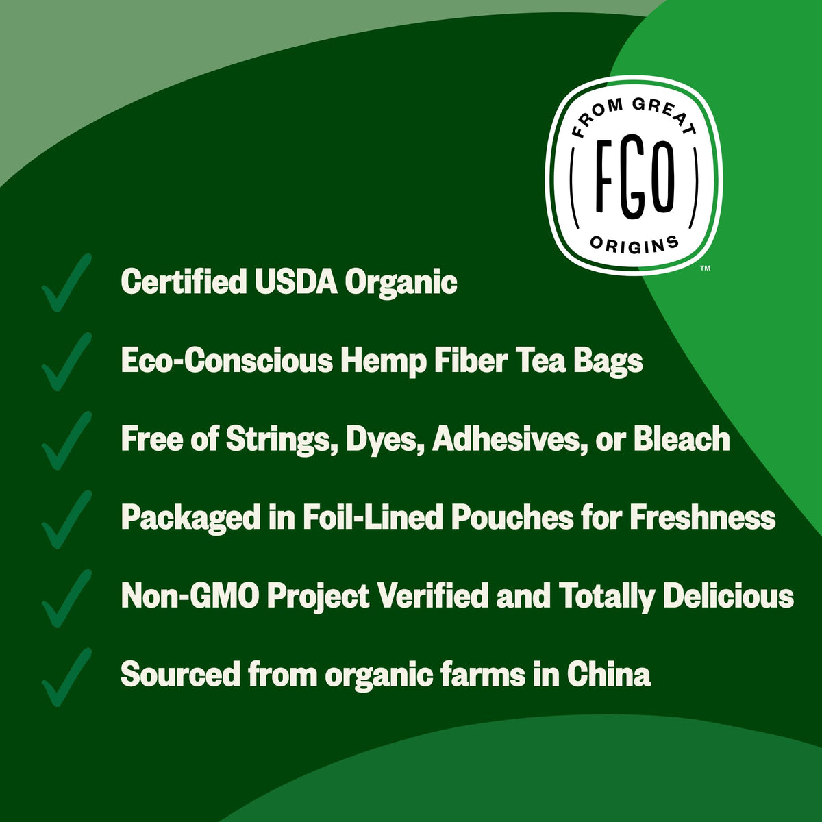 FGO Organic Green Decaf Tea cup shows delicate, earthy aroma and color