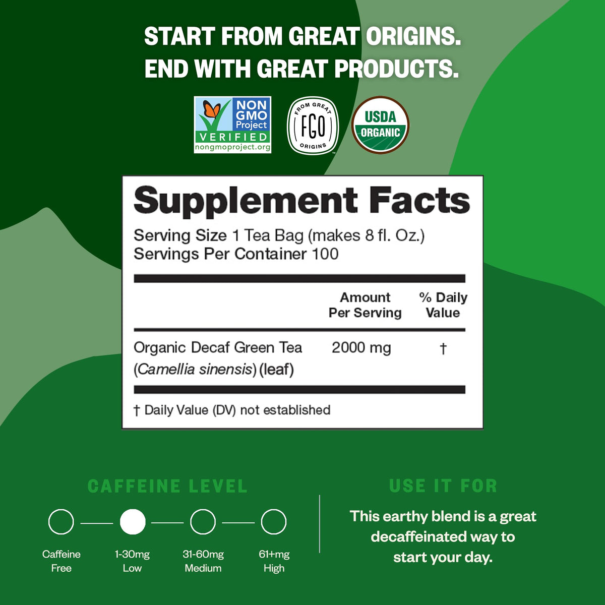 FGO Organic Green Decaf Tea packaging highlights eco-conscious design and origin China