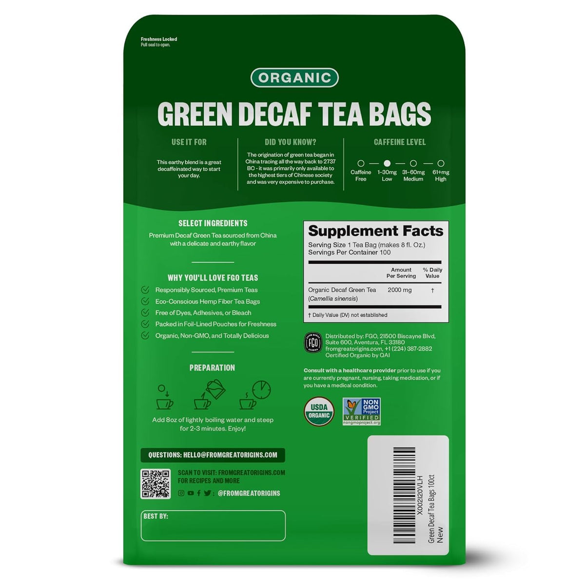 FGO Organic Green Decaf Tea resealable bag preserves freshness between brews