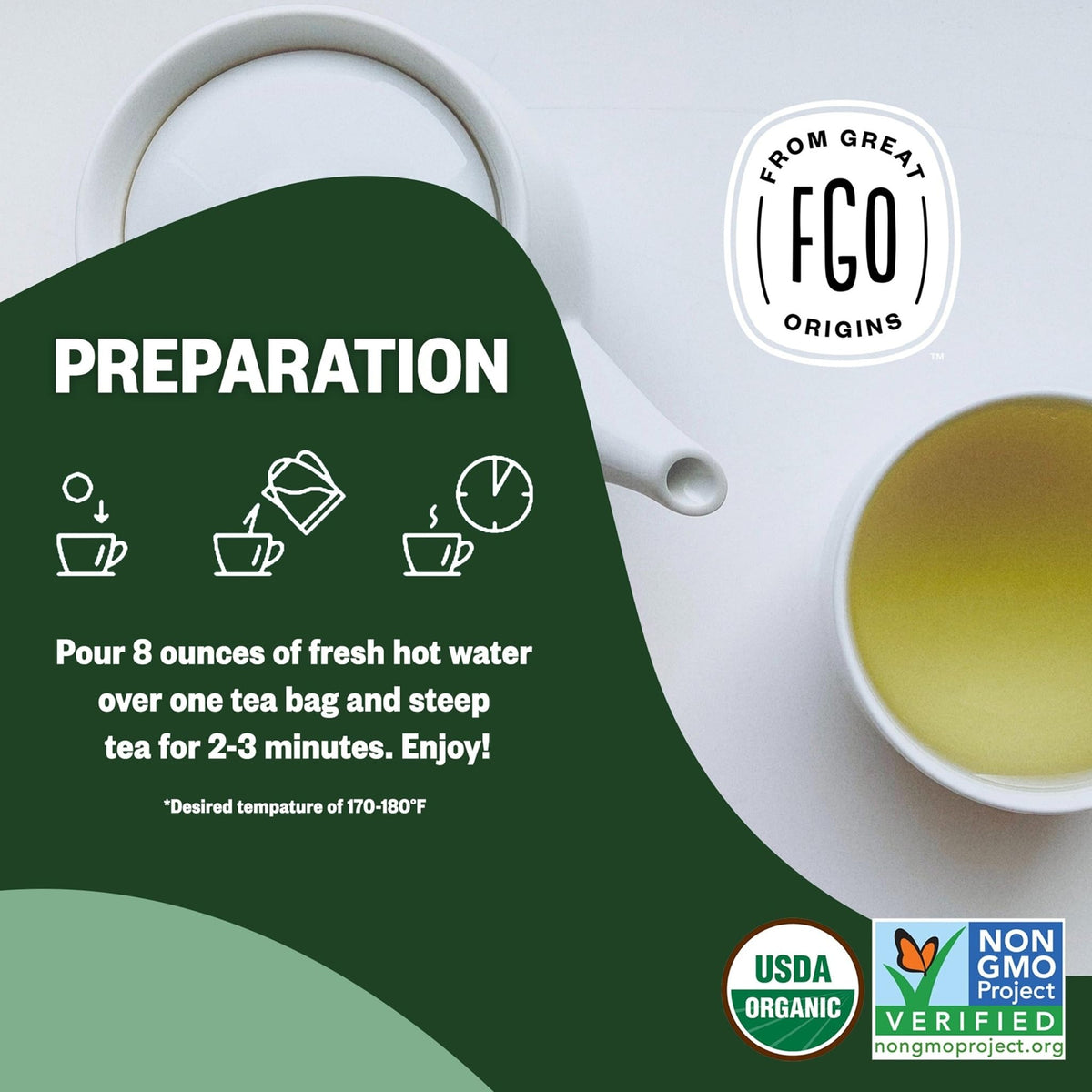 FGO Organic Green Tea Abacá bags close-up underlines dye-free materials