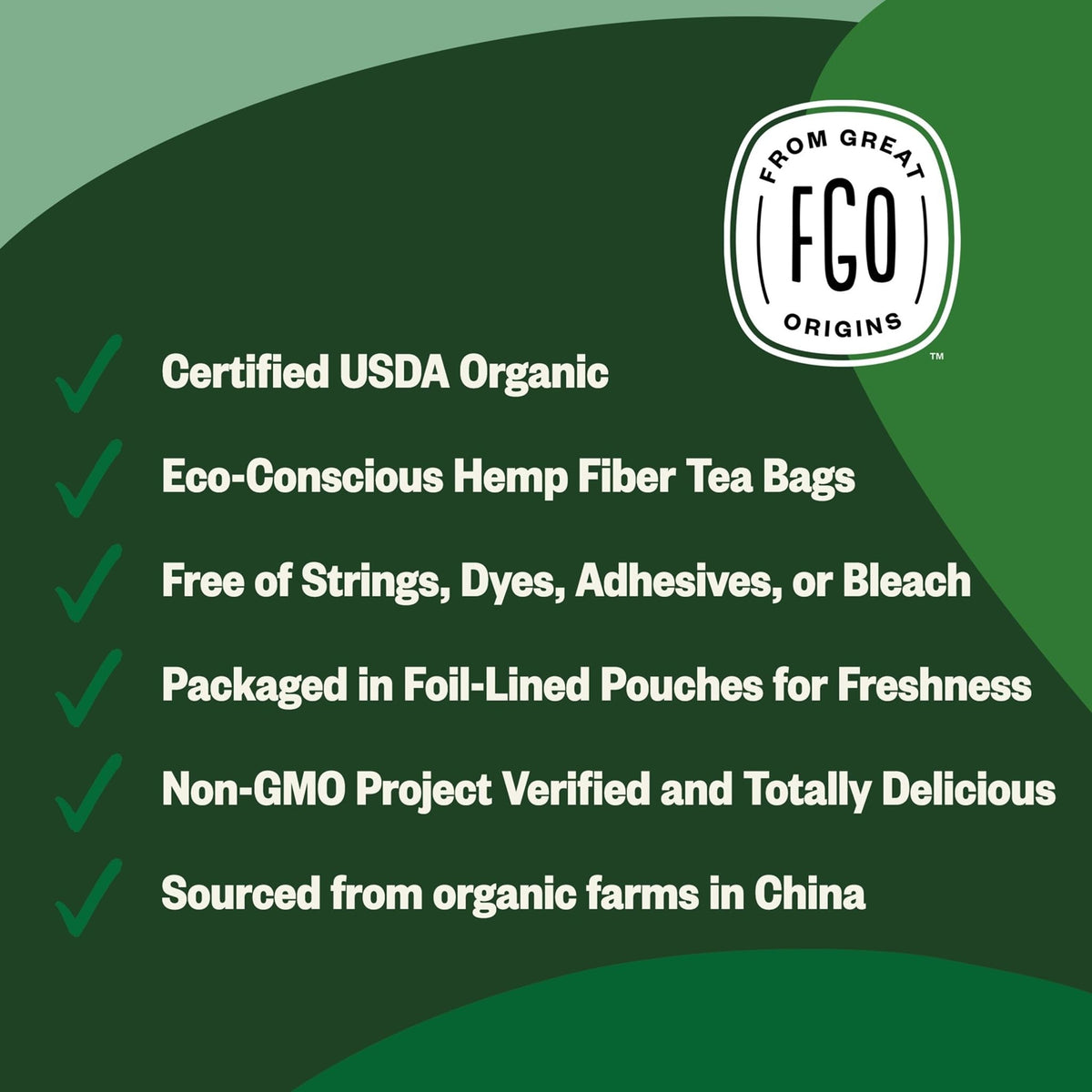 FGO Organic Green Tea brewed cup emitting a bright aroma and smooth finish