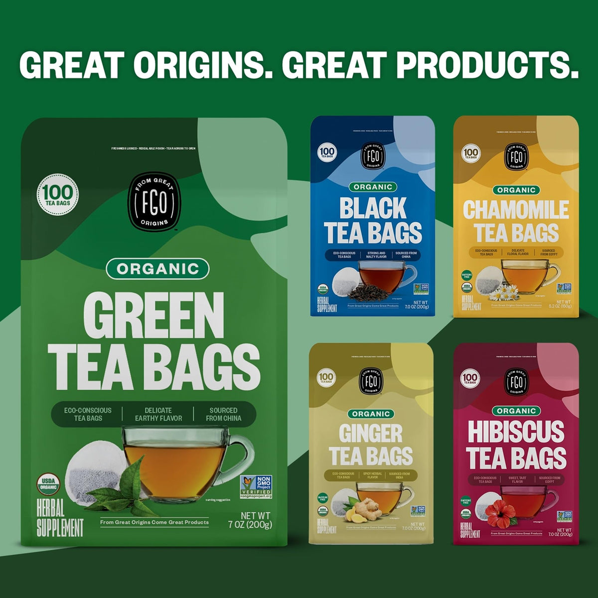 FGO Organic Green Tea China-sourced leaves blending into a premium cup