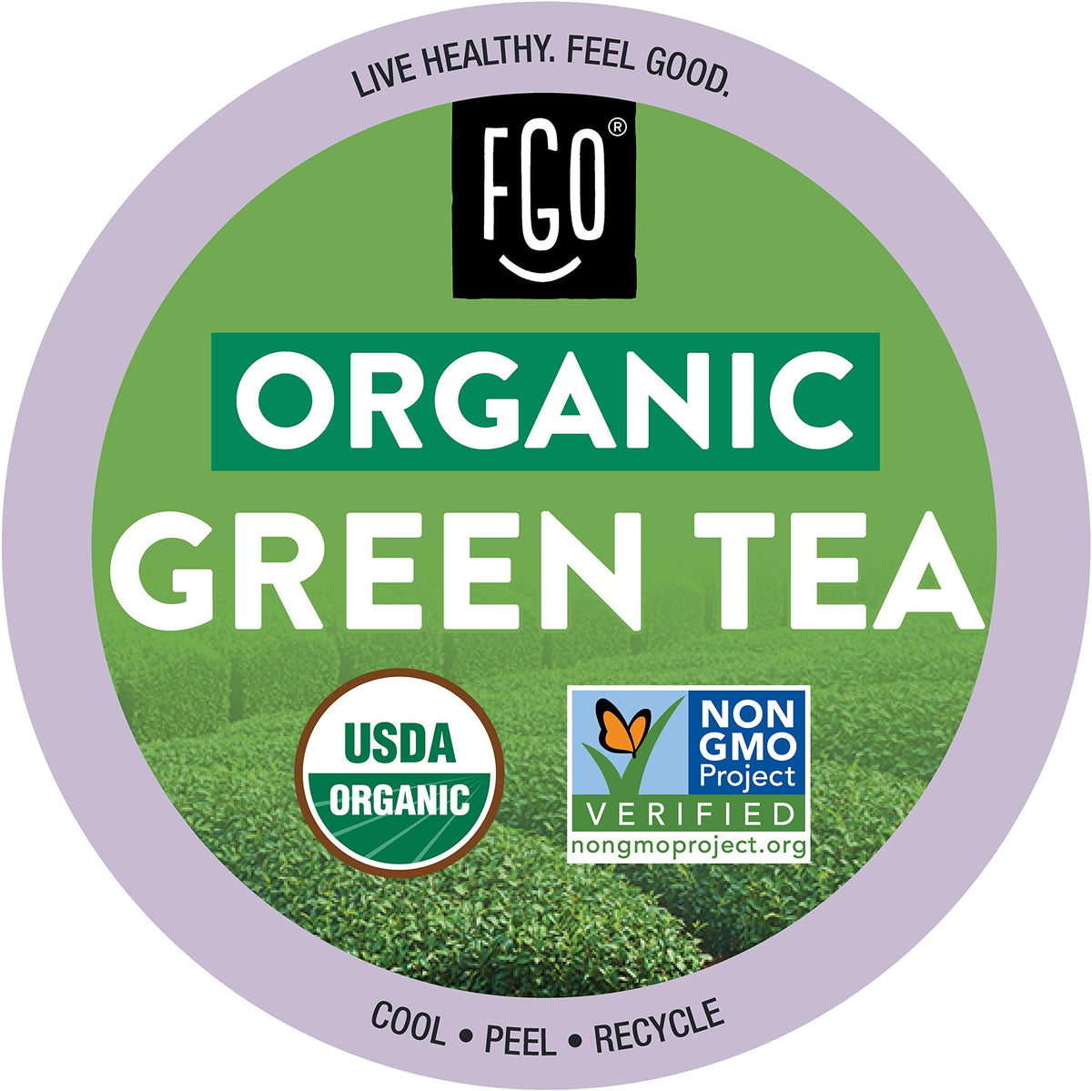 FGO Organic Green Tea K-Cup pods in a box for easy brewing.