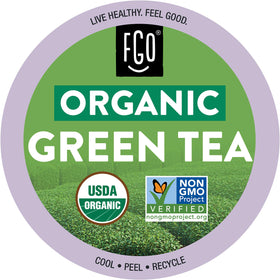 FGO Organic Green Tea K-Cup pods in a box for easy brewing.