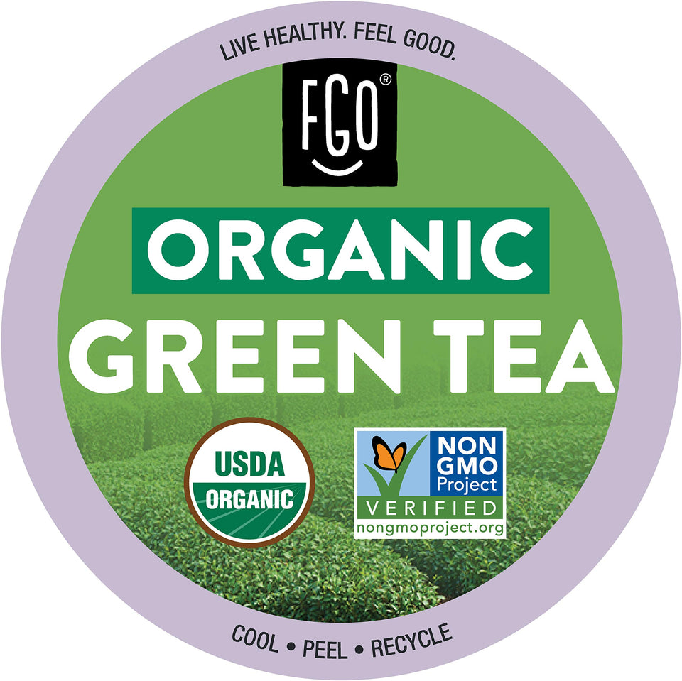FGO Organic Green Tea K-Cup pods in a box for easy brewing.