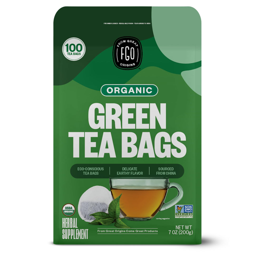 FGO Organic Green Tea packaging with eco-friendly design highlighting freshness