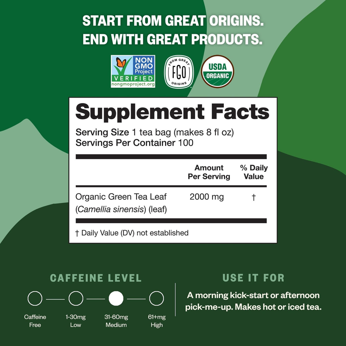 FGO Organic Green Tea resealable pouch for convenient storage and freshness