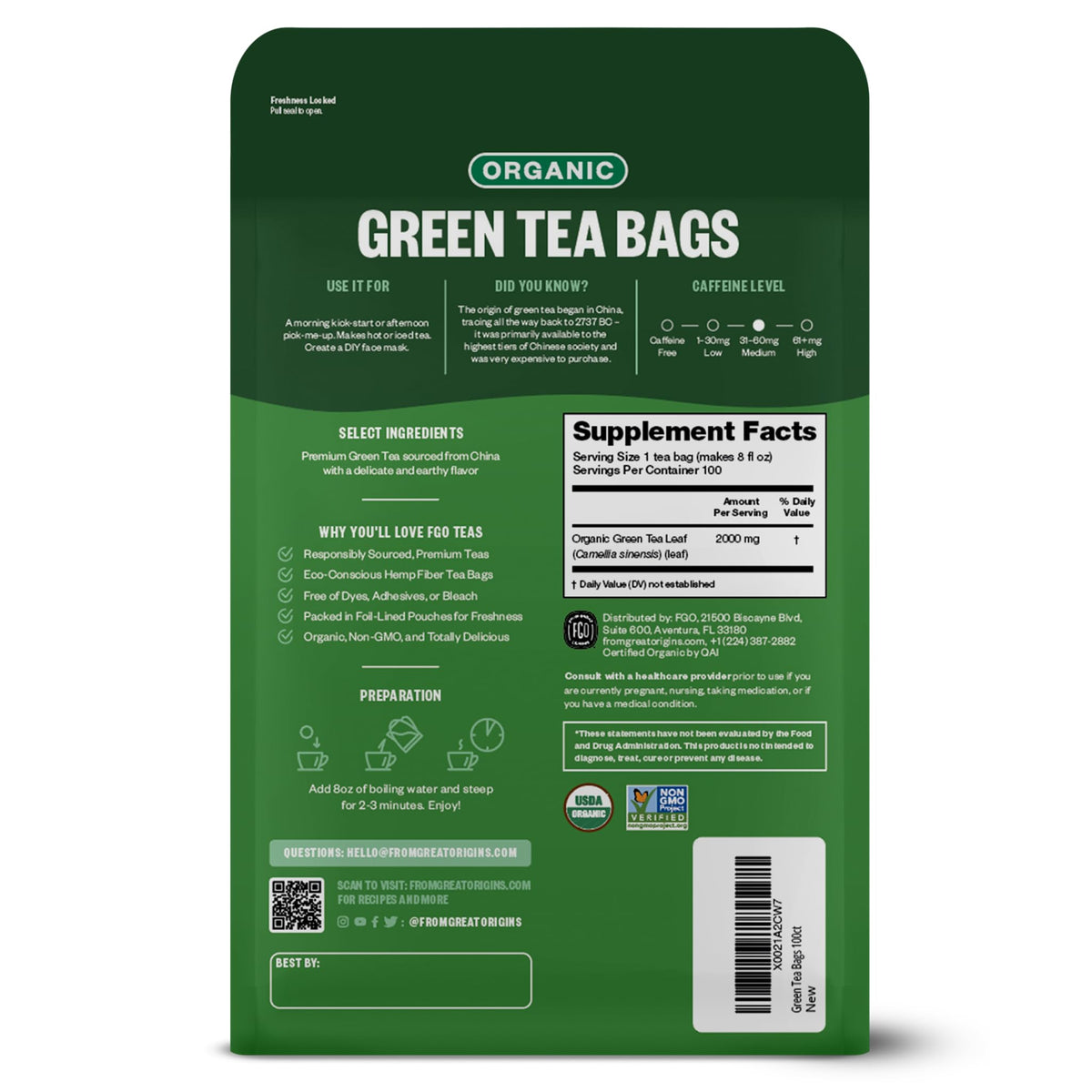 FGO Organic Green Tea tea bags close-up showing Abacá hemp fiber paper