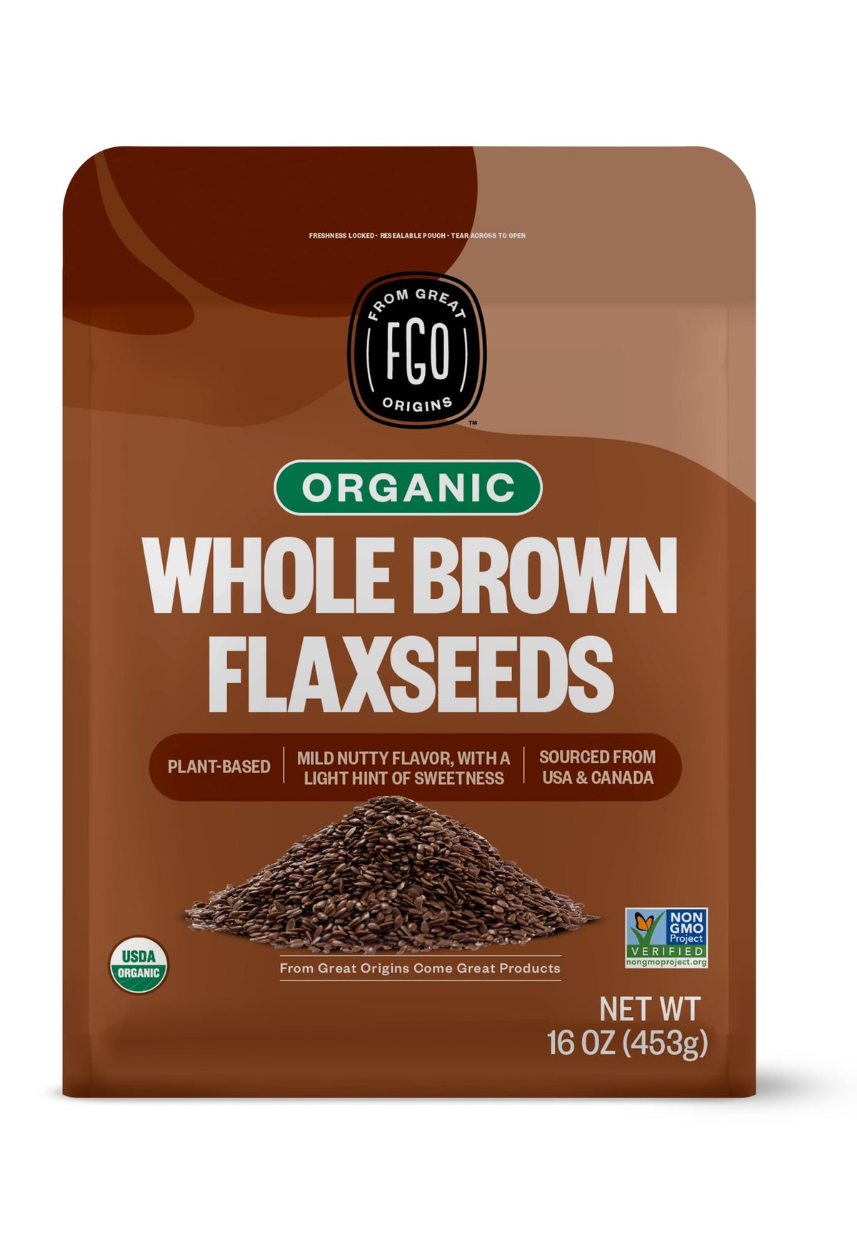 FGO Organic Ground Brown Flaxseed Meal in resealable pouch, ideal for baking and smoothies.