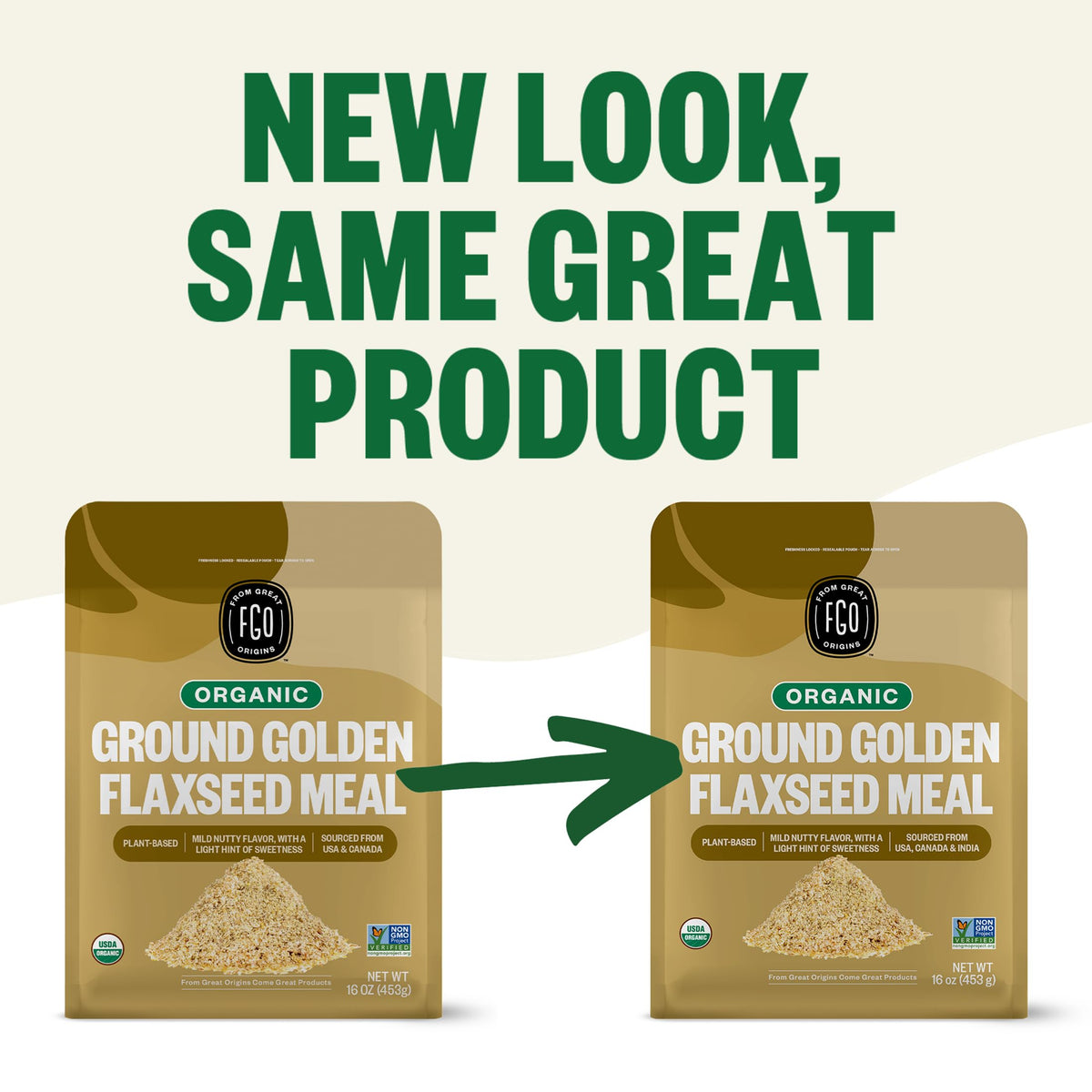 FGO organic ground golden flaxseed meal label shows cold milling