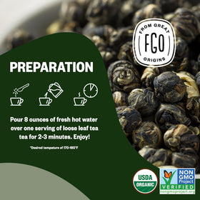 FGO Organic Gunpowder Green Tea in a glass teapot with fragrant pour