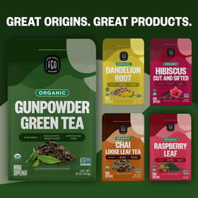 FGO Organic Gunpowder Green Tea in a cozy kitchen setup for daily rituals
