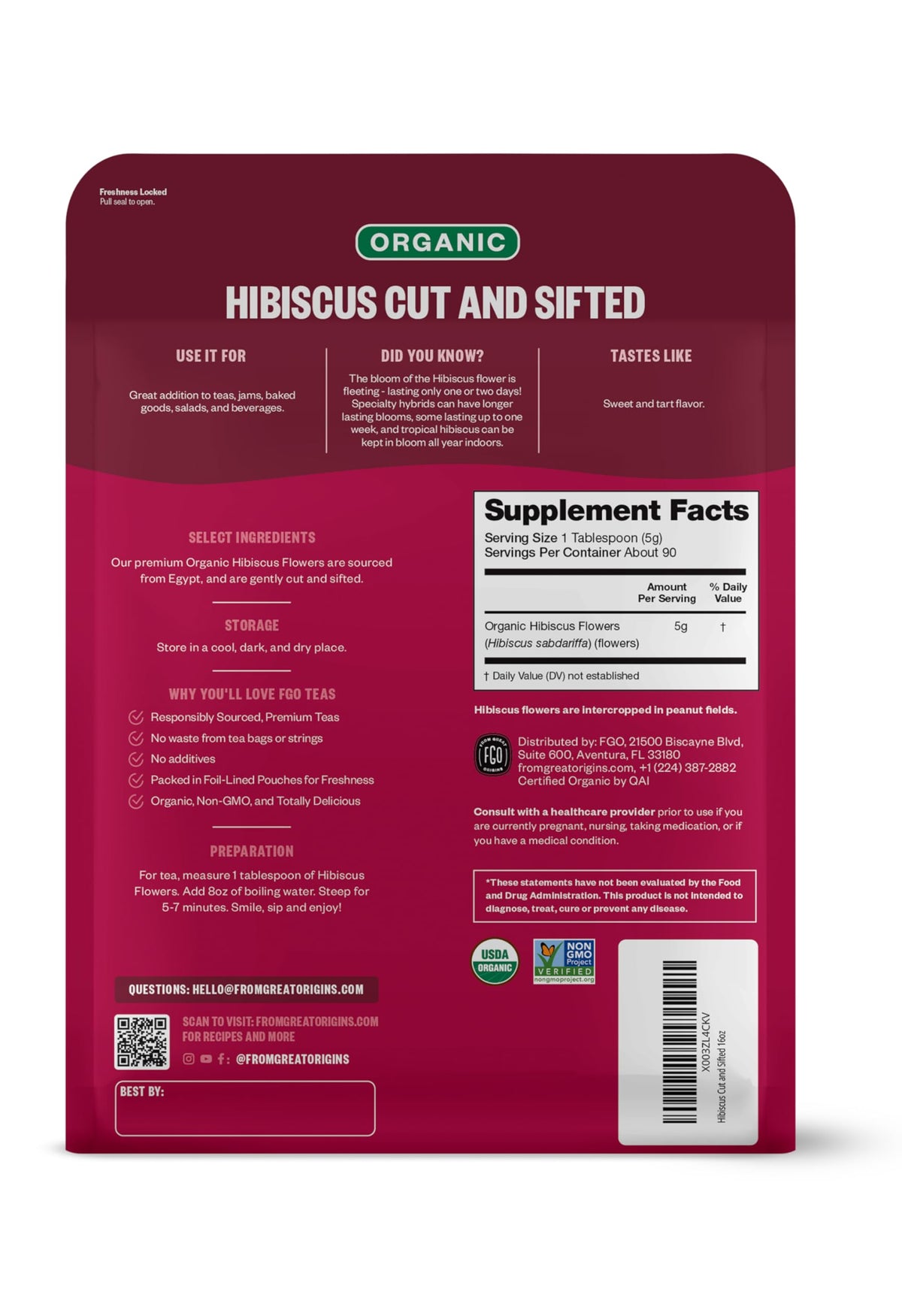 FGO Hibiscus back-label view with USDA Organic and Non-GMO seals