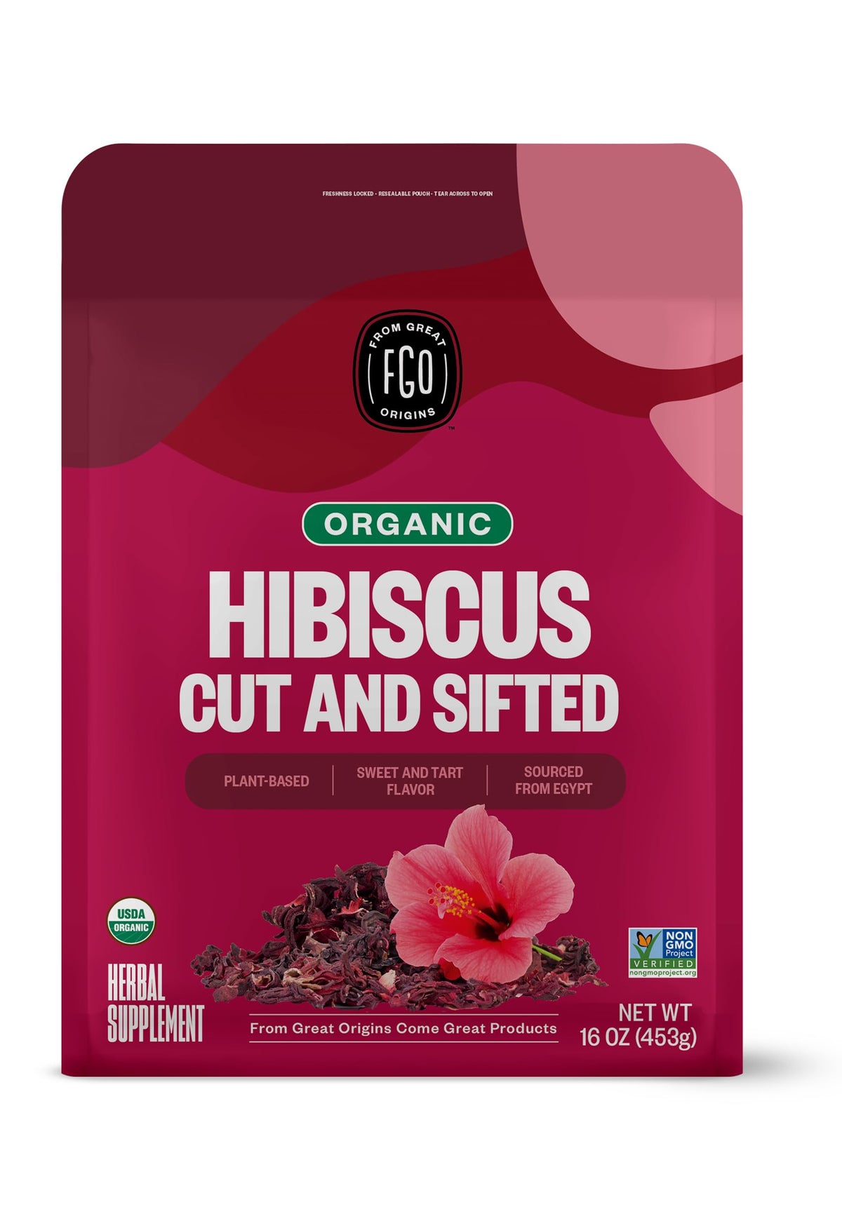 FGO Organic hibiscus flowers front bag showing label and product details for tea