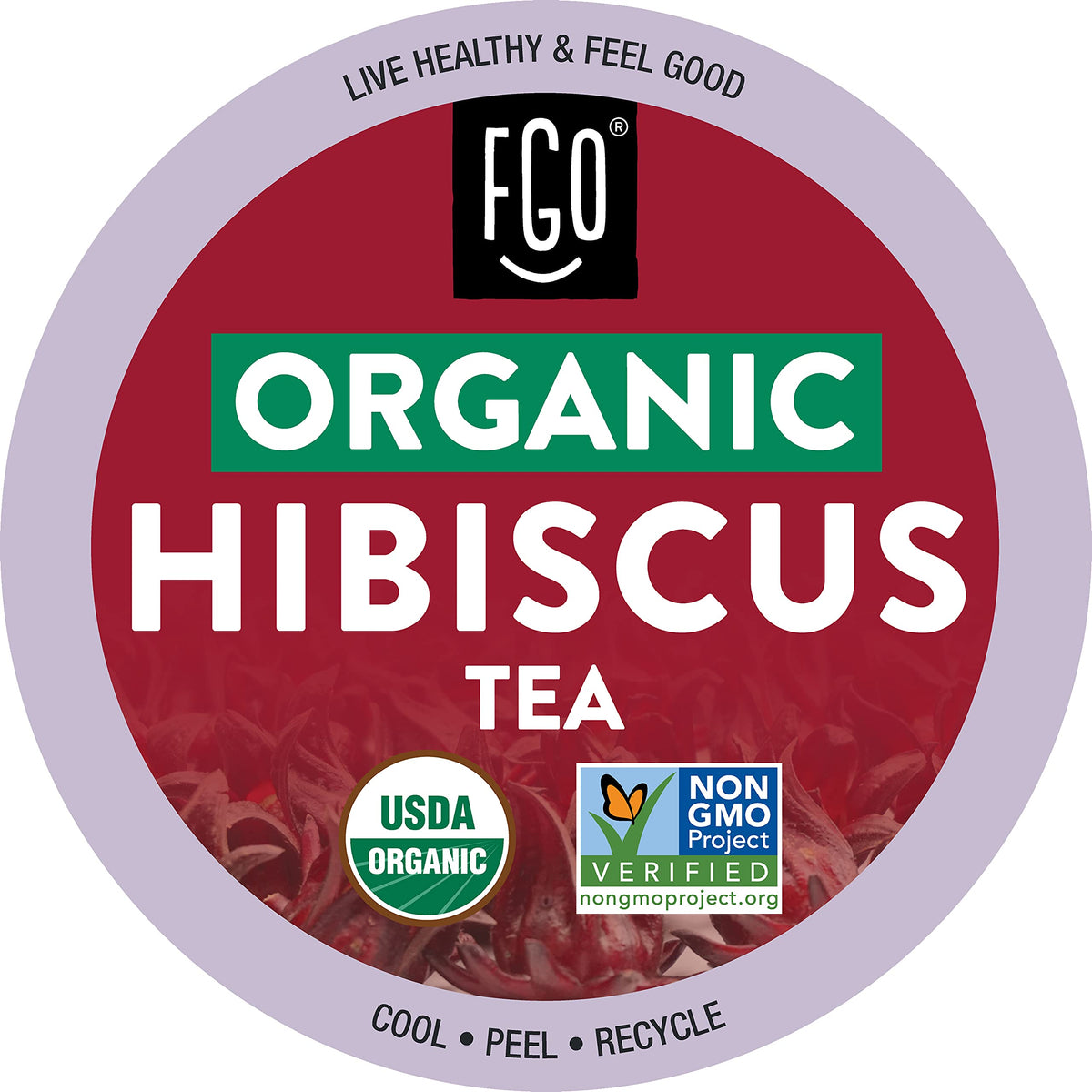 FGO Organic Hibiscus K-Cup pod close-up showing vibrant tart aroma
