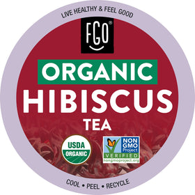 FGO Organic Hibiscus K-Cup pod close-up showing vibrant tart aroma