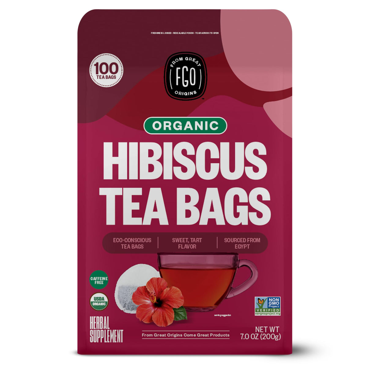 FGO Organic Hibiscus Tea bags in a kraft pack for easy, clean brewing.