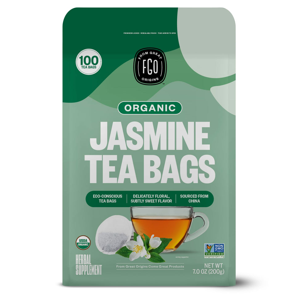 FGO Organic Jasmine Green Tea tea bags ready for a fragrant brew.