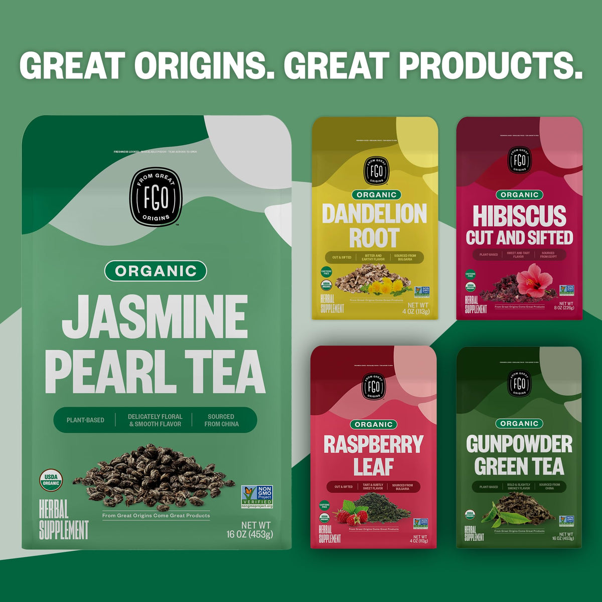FGO Organic Jasmine Pearl Green Tea aroma enhances daily tea ritual.