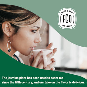 FGO Organic Jasmine Pearl Green Tea brewed cup offers delicate floral notes.
