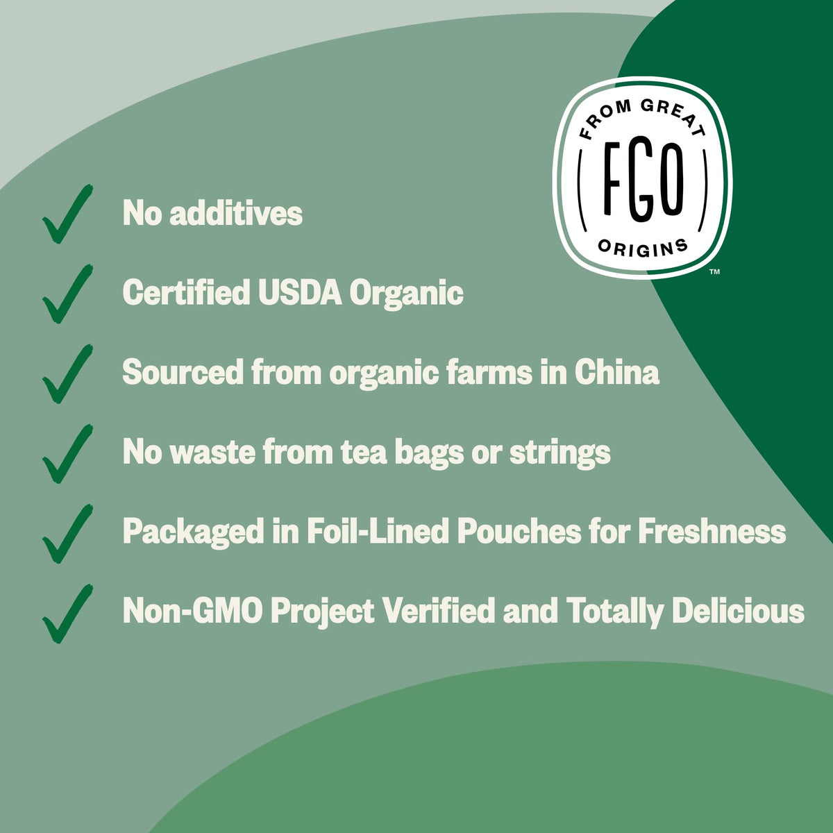 FGO Organic Jasmine Pearl Green Tea packaging varies but keeps contents fresh.