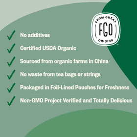 FGO Organic Jasmine Pearl Green Tea packaging varies but keeps contents fresh.