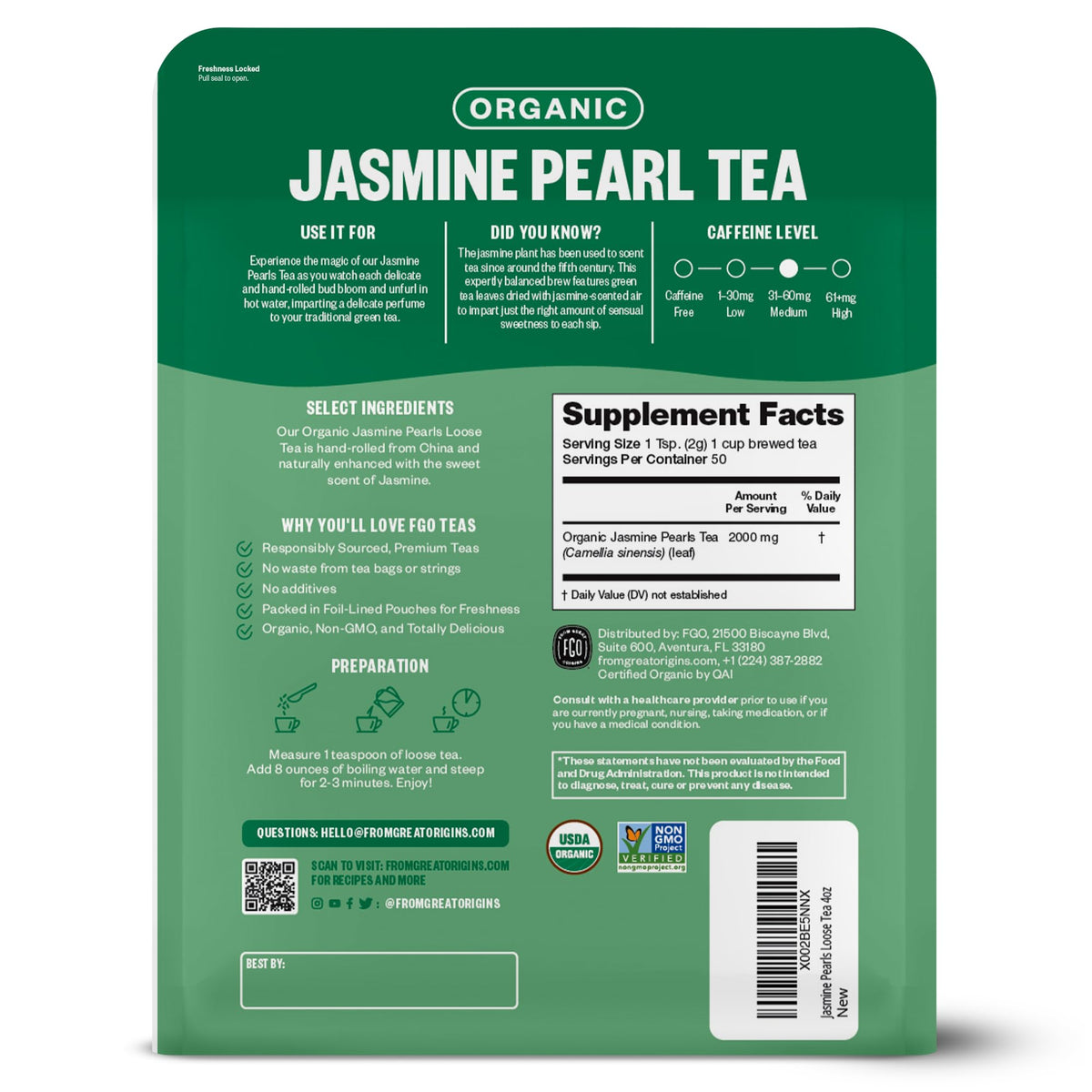 FGO Organic Jasmine Pearl Green Tea resealable bag preserves freshness for multiple brews.
