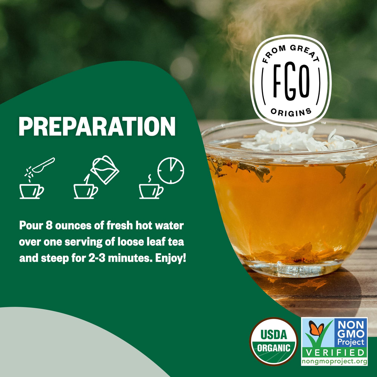 FGO Organic Jasmine Pearl Green Tea steeping aroma fills the kitchen as it brews.