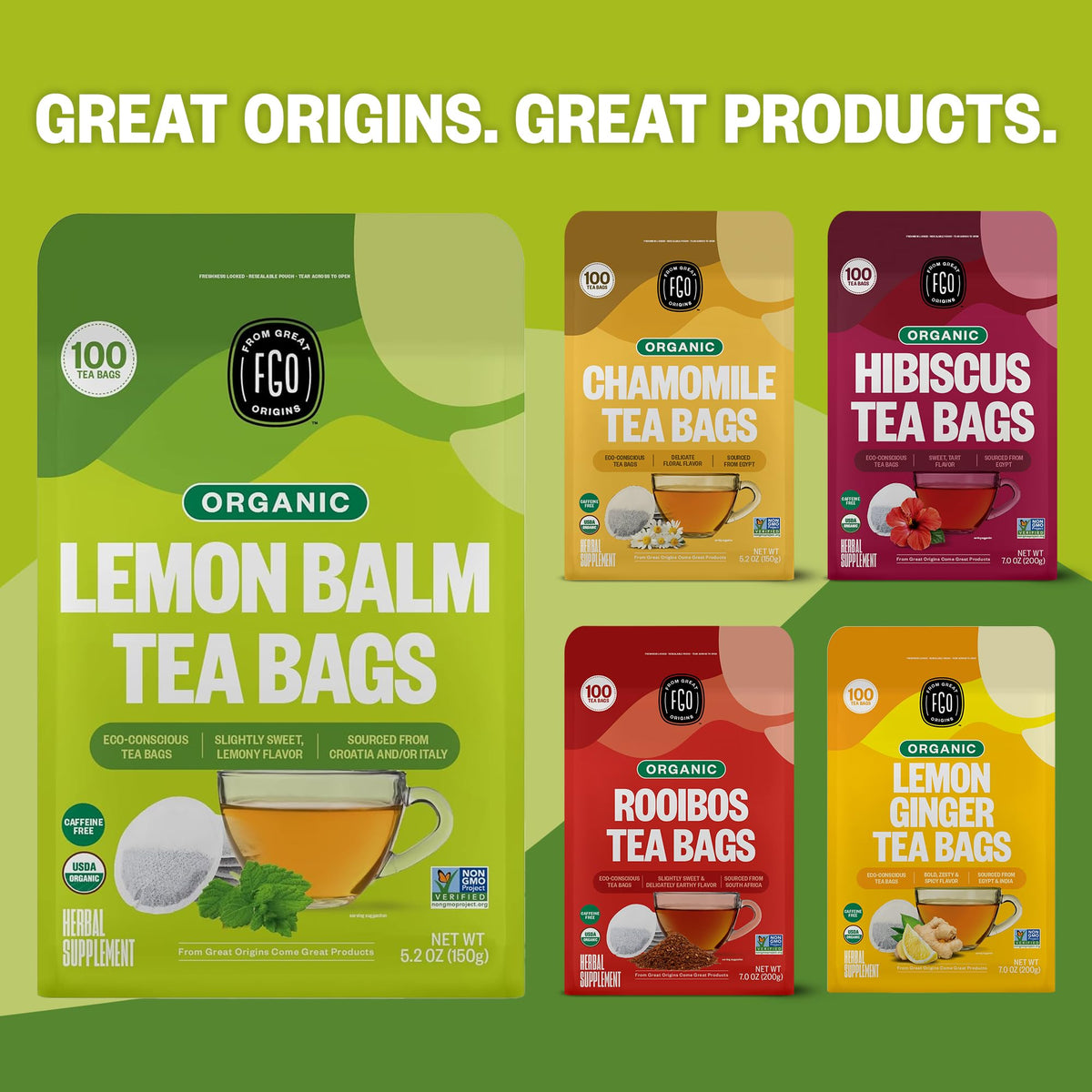 FGO Organic Lemon Balm Tea 100-count setup suggests long-lasting supply.