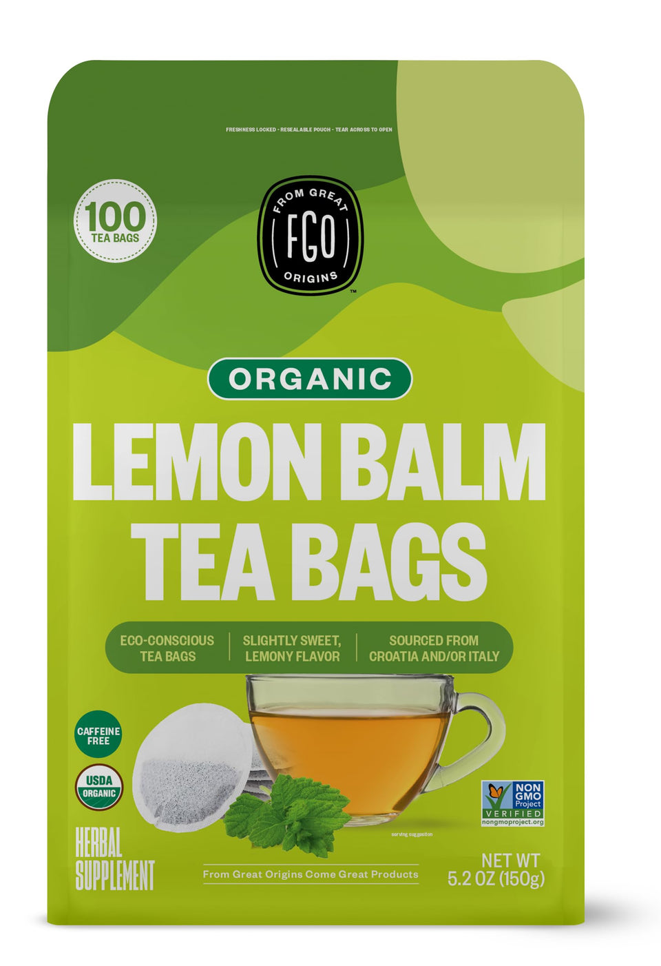 FGO Organic Lemon Balm Tea bags shown in eco-friendly Abaca hemp paper.
