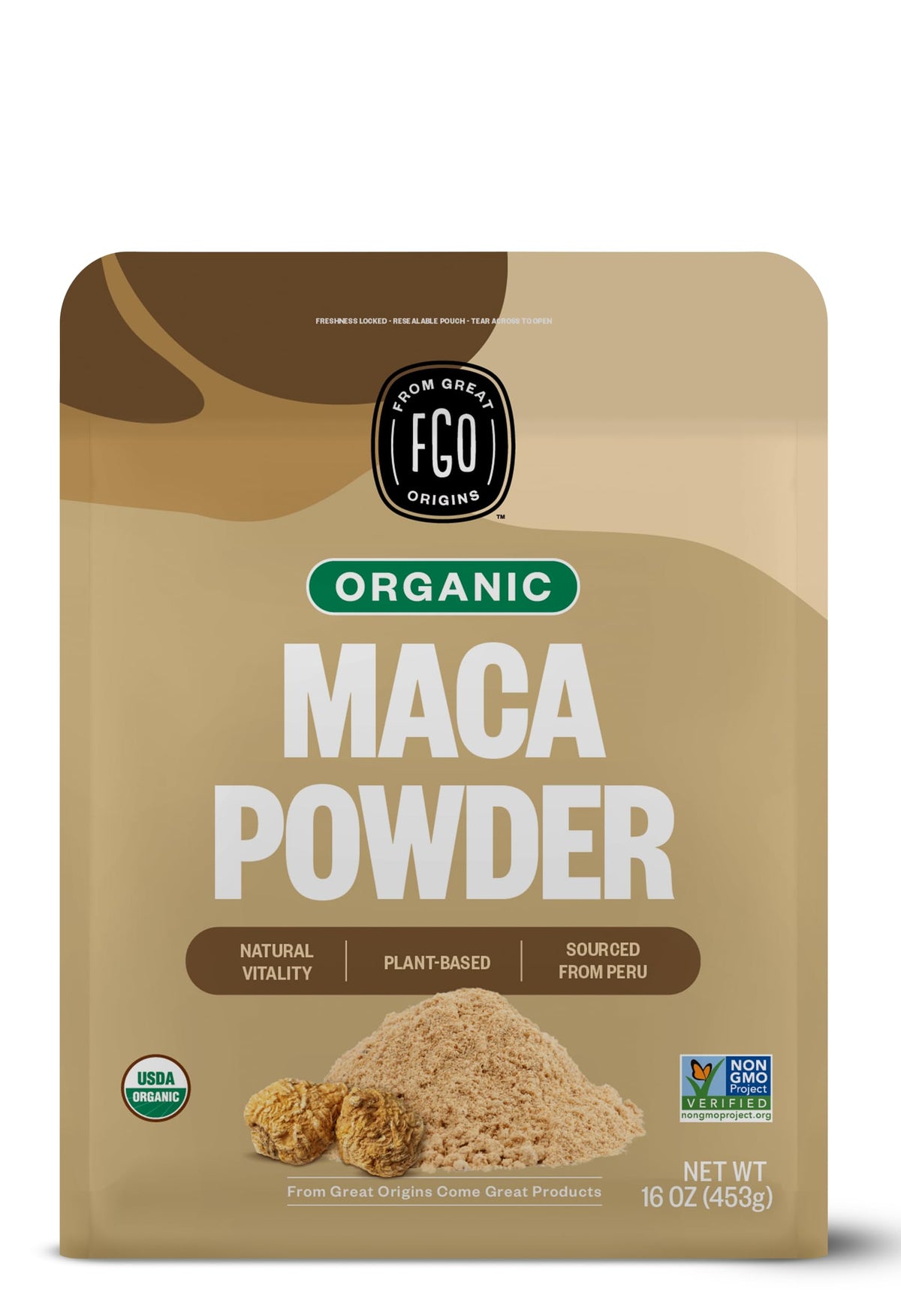 FGO Organic Maca Root Powder bulk pouch sealed for lasting freshness.