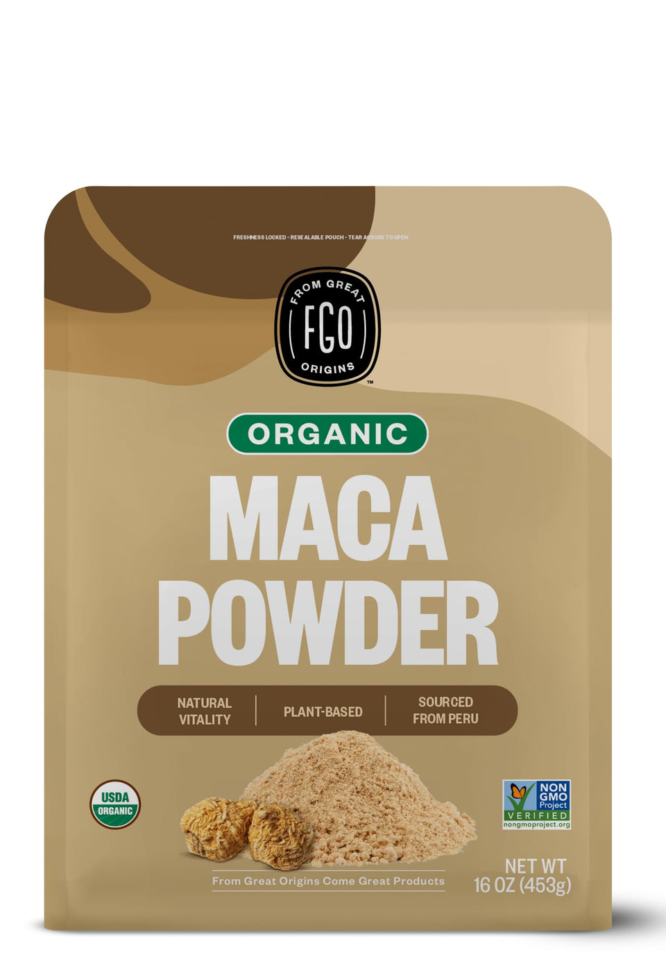 FGO Organic Maca Root Powder bulk pouch sealed for lasting freshness.
