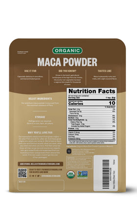 FGO Organic Maca Root Powder Peru-sourced bag with label visible.