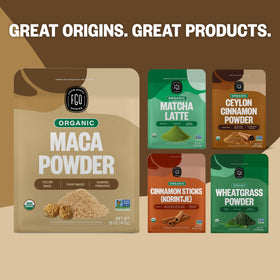 FGO Maca Root Powder reseal pouch on the kitchen counter.