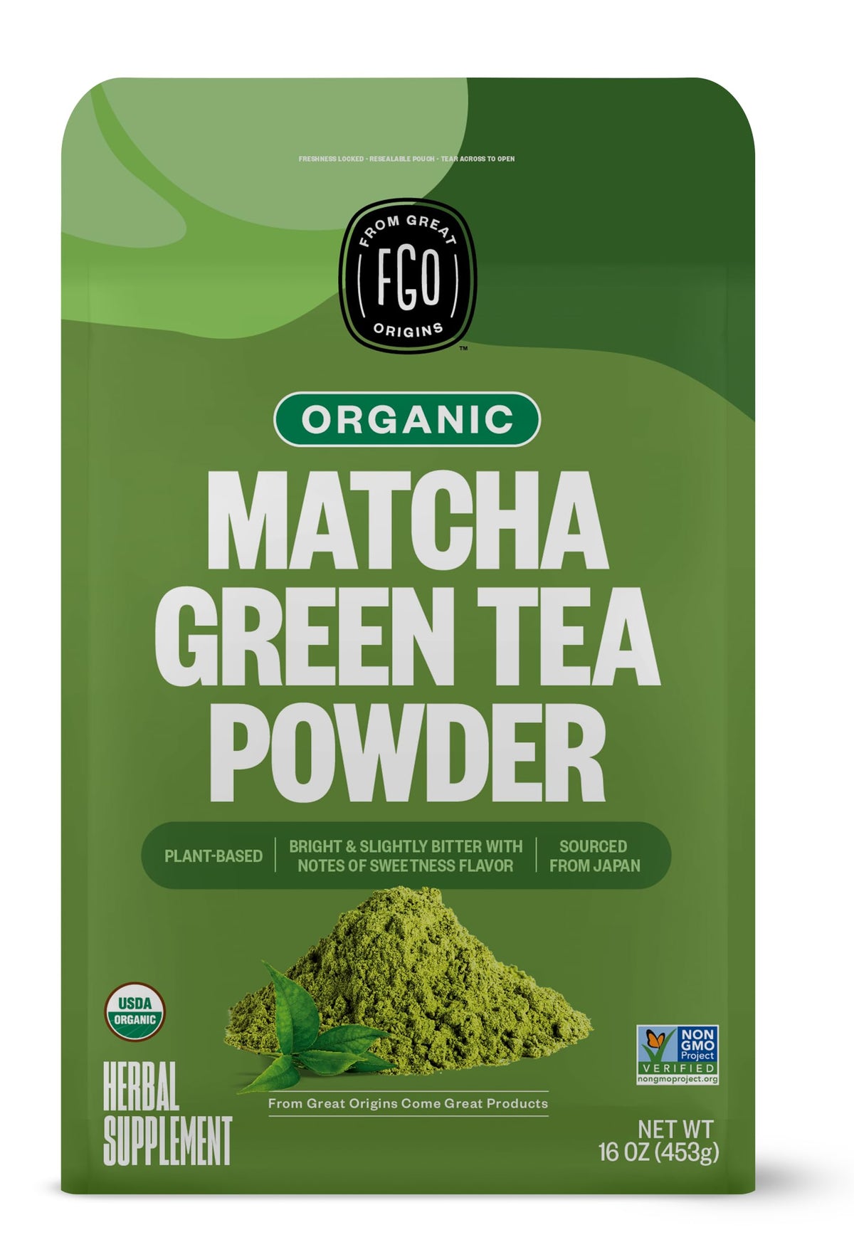 FGO Organic Matcha Green Tea Powder front bag for culinary use