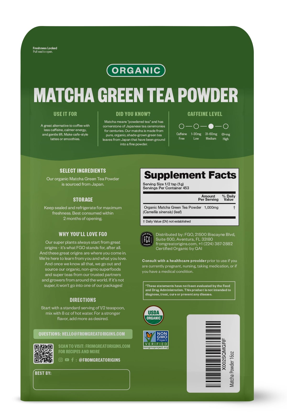 FGO Organic Matcha Green Tea Powder resealable bag ideal for storage and freshness