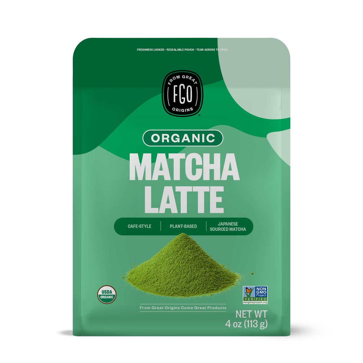 FGO Organic Matcha Latte Powder front packaging shows premium Japanese blend