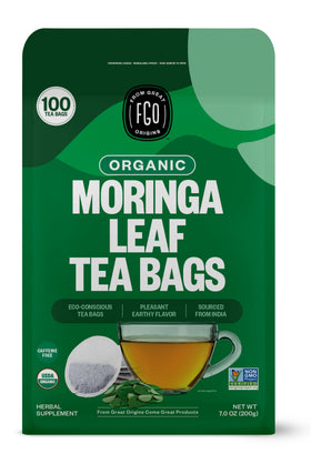 FGO Organic Moringa Tea bags ready for infusion in eco-friendly packaging.