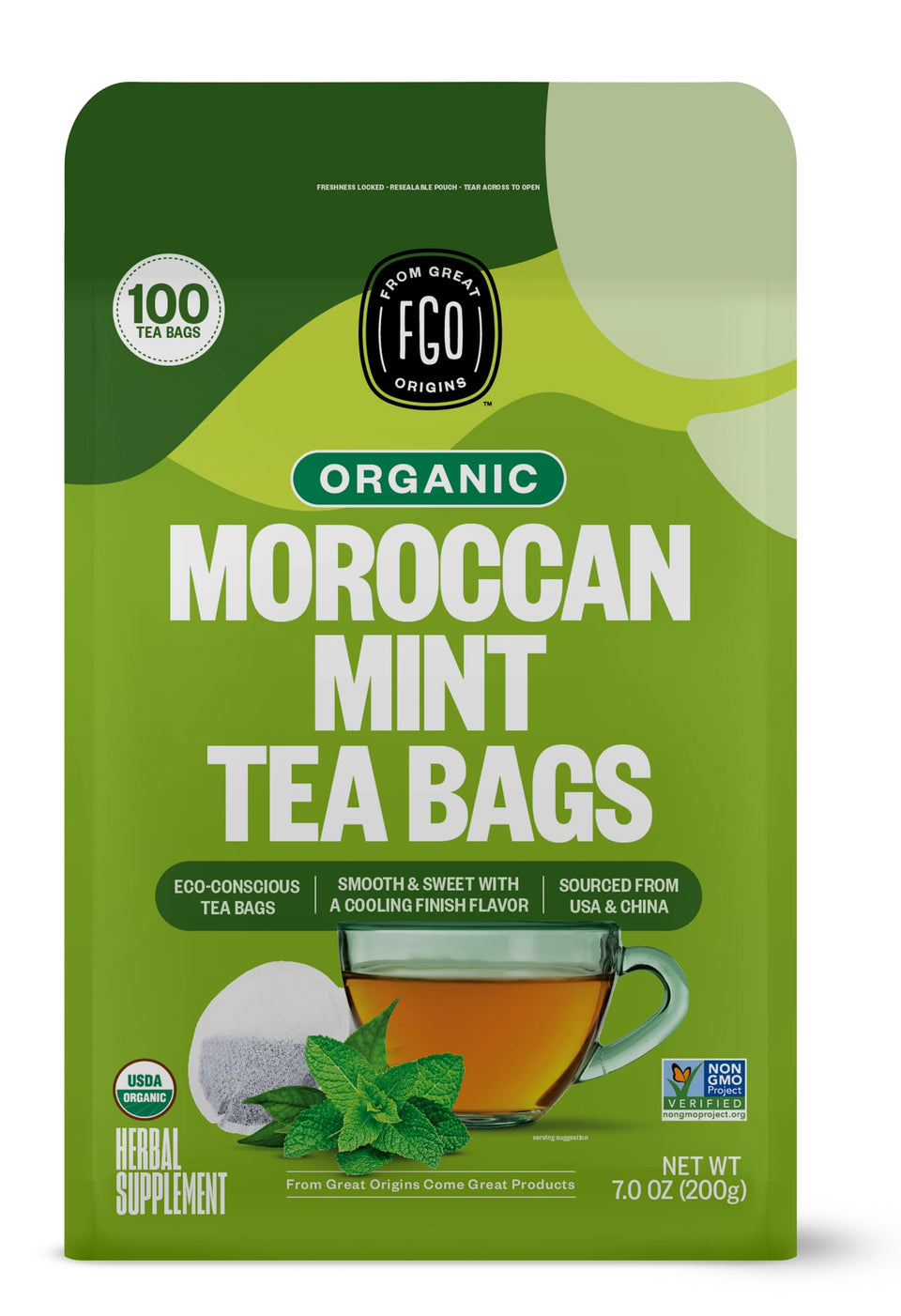 FGO Organic Moroccan Mint Tea bags ready for a soothing cup