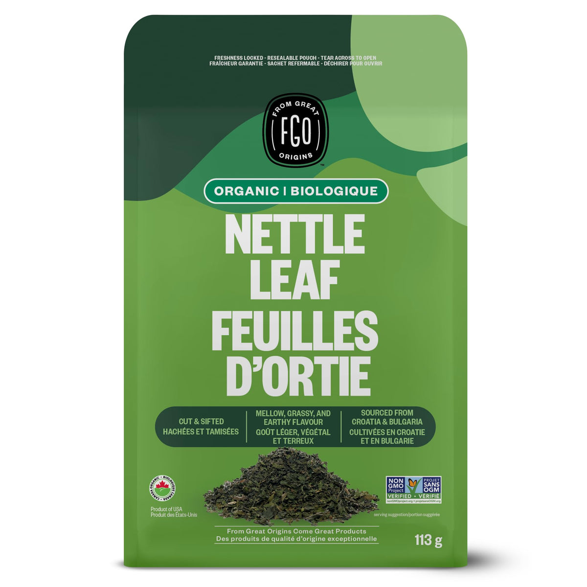 FGO organic nettle leaf tea packaging from Bulgaria preserves fresh flavor.