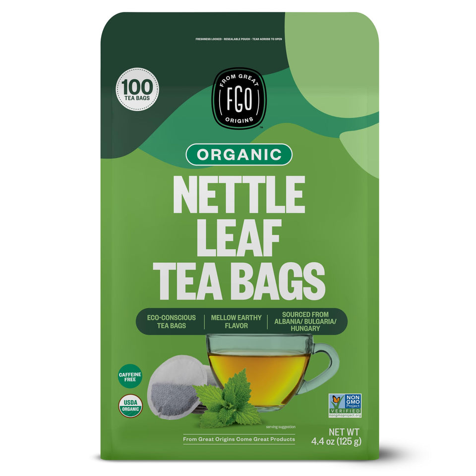 FGO Organic Nettle Tea packaging close-up in kraft bag showcases eco-friendly packaging