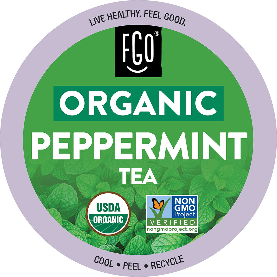 FGO Organic Peppermint Tea K-Cup Pods 24-count box, convenient caffeine-free refreshment.