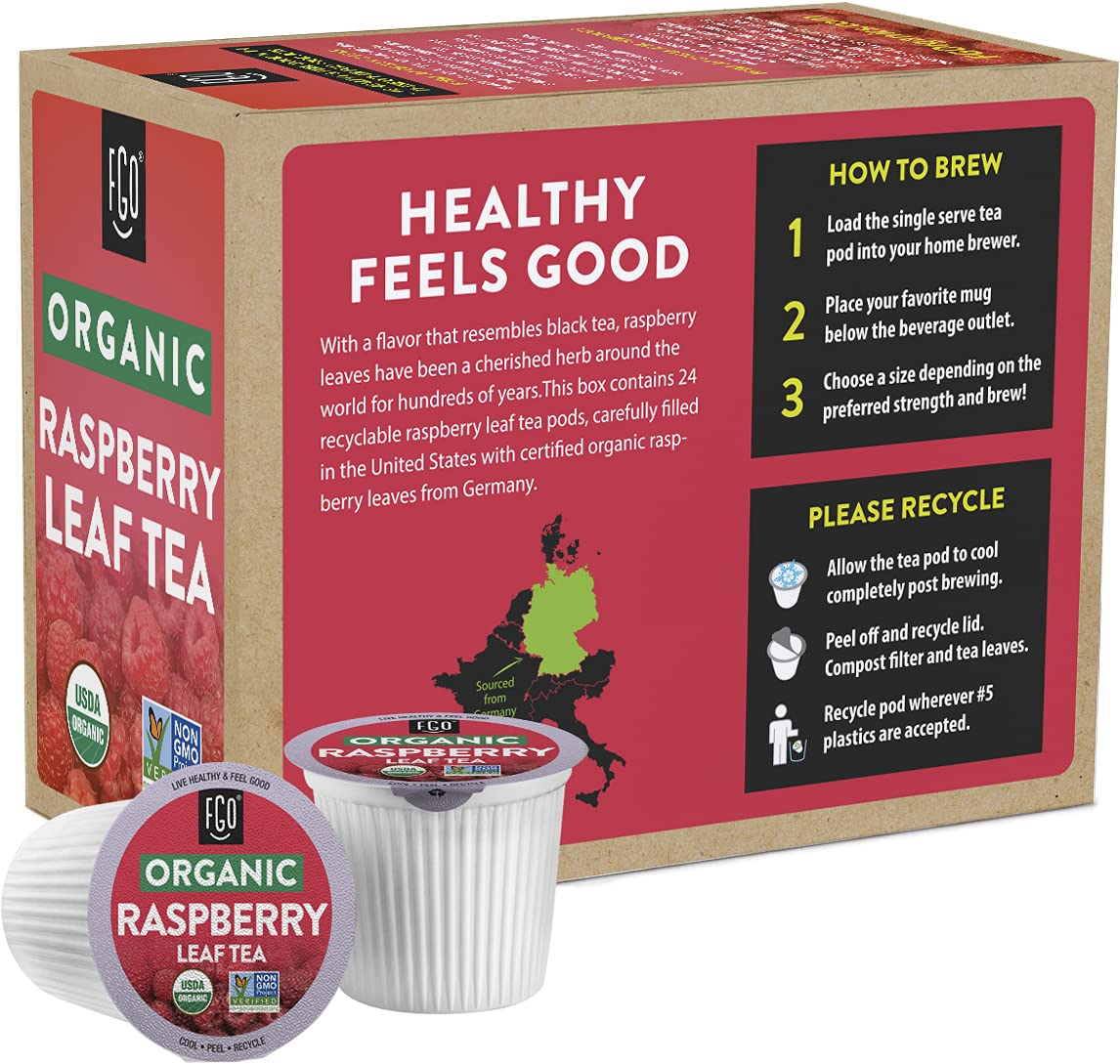 FGO Organic Raspberry Leaf Tea label highlights Organic Red Raspberry Leaf
