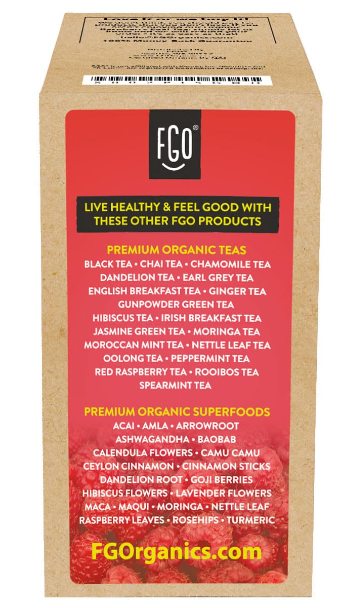 FGO Organic Raspberry Leaf Tea canister in a cool dry pantry