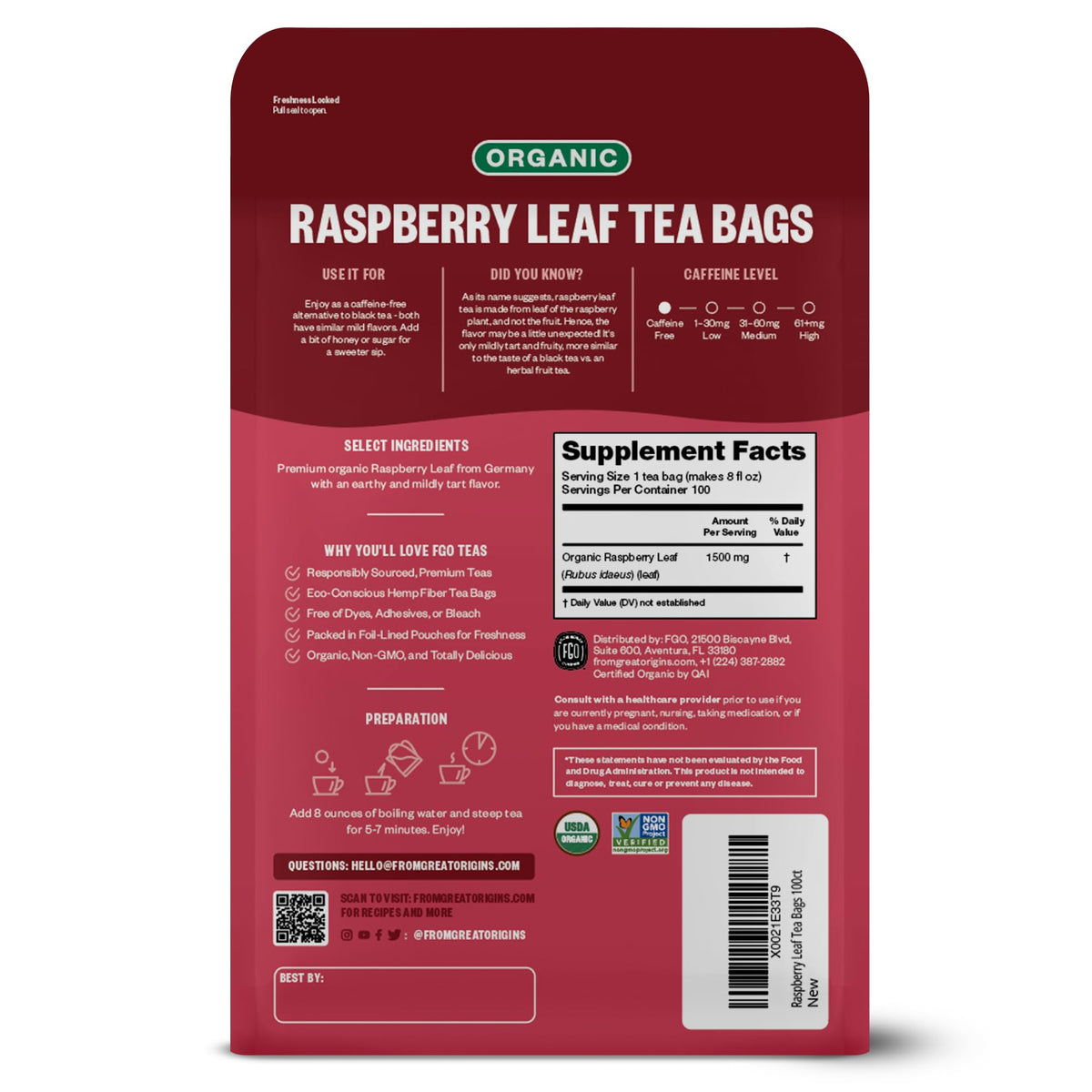 FGO Organic Red Raspberry Leaf Tea Bags closeup on hemp fiber paper; eco-friendly packaging.