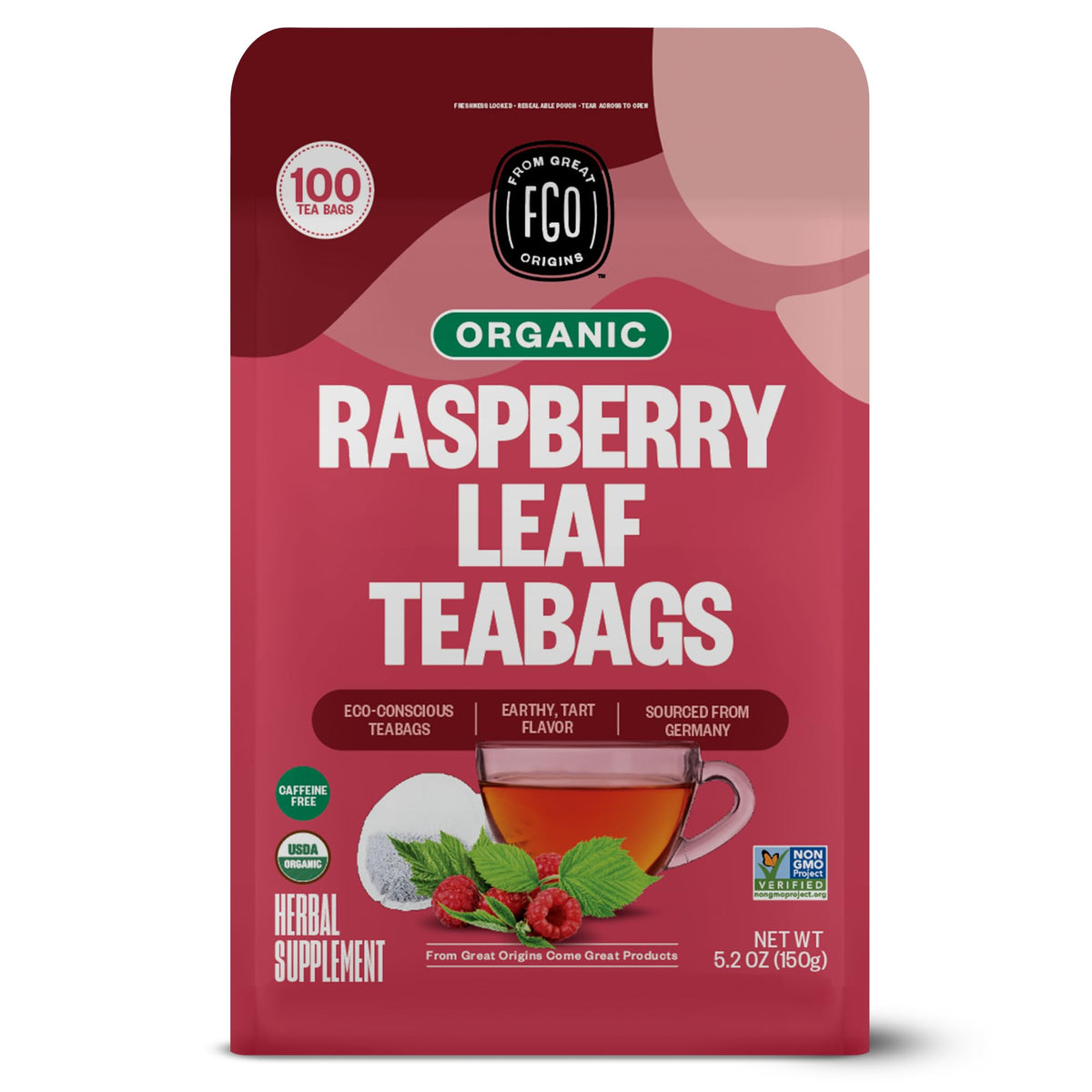 FGO Organic Red Raspberry Leaf Tea Bags front view; caffeine-free herbal option for evenings.