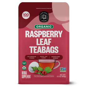 FGO Organic Red Raspberry Leaf Tea Bags front view; caffeine-free herbal option for evenings.