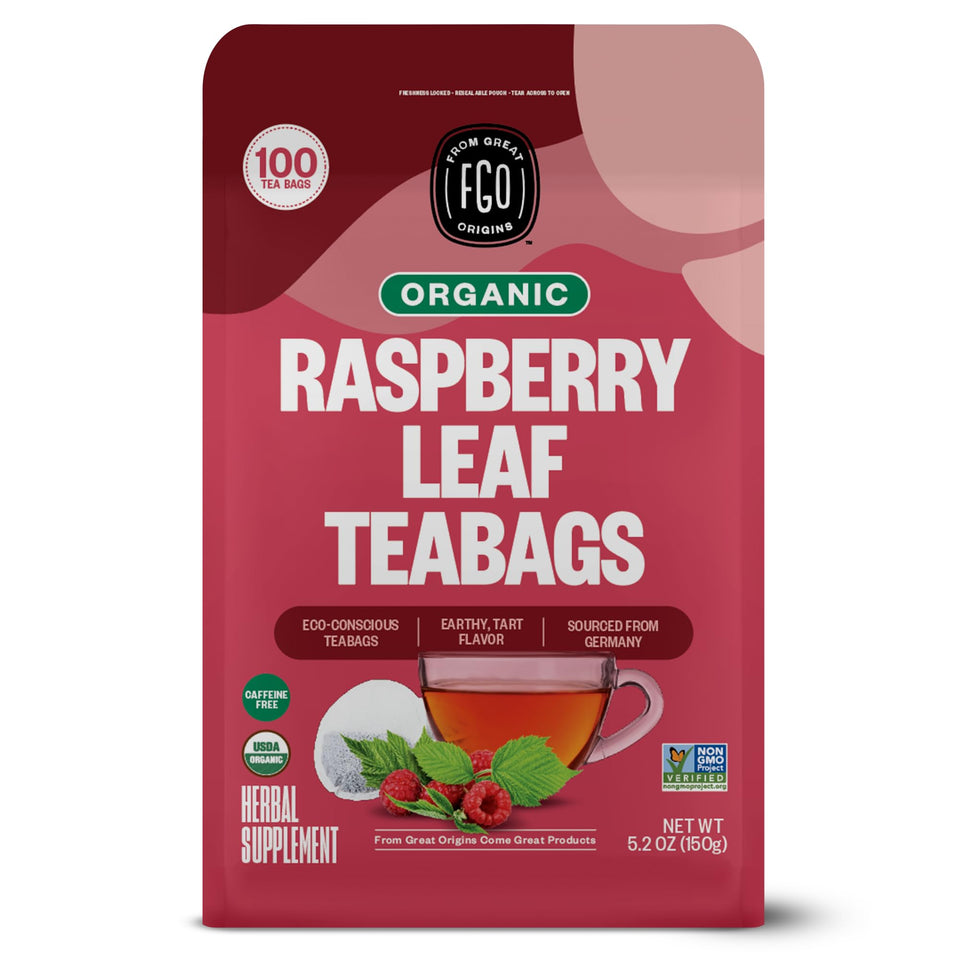 FGO Organic Red Raspberry Leaf Tea Bags front view; caffeine-free herbal option for evenings.