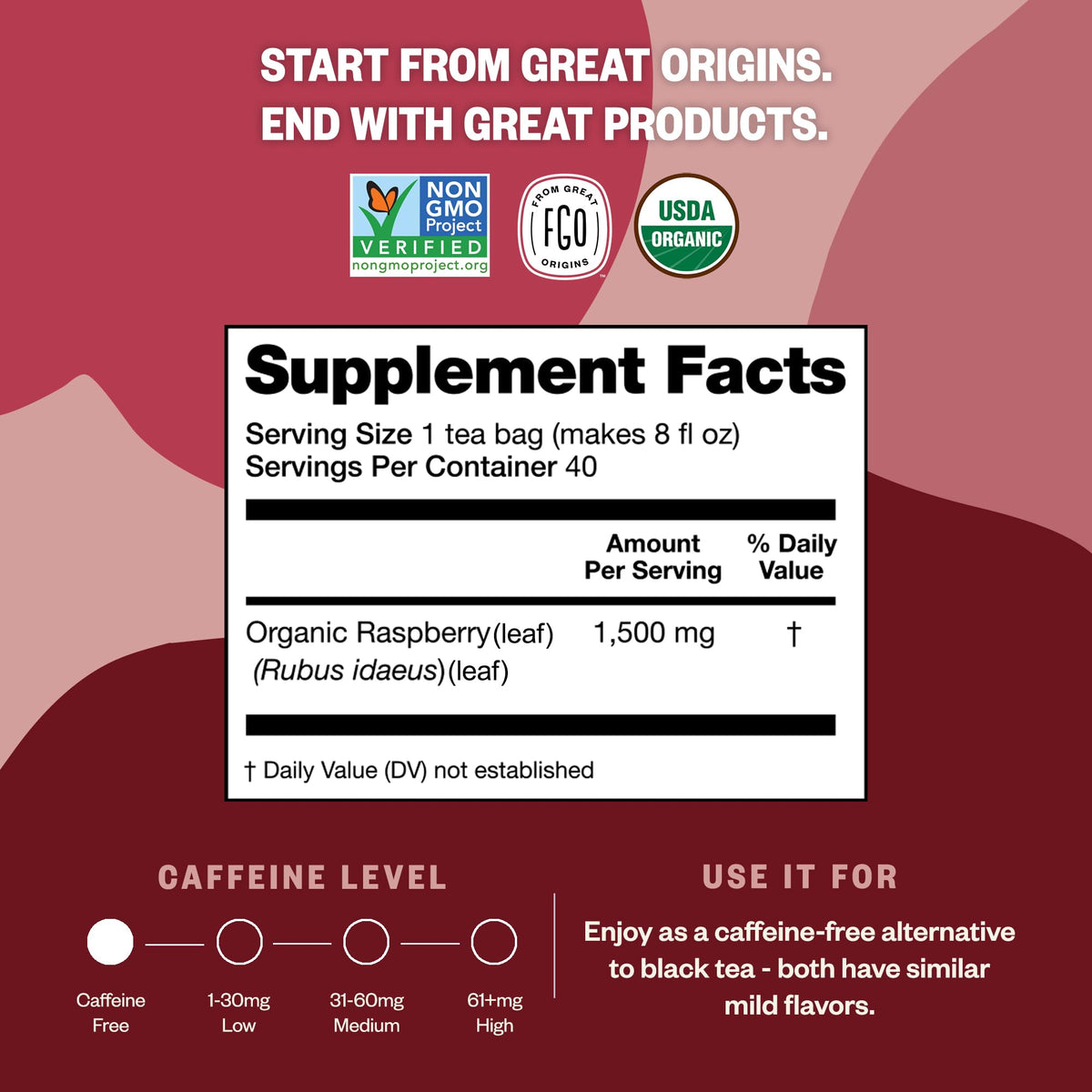 FGO Organic Red Raspberry Leaf Tea Bags Germany imported origin and premium caffeine-free quality.